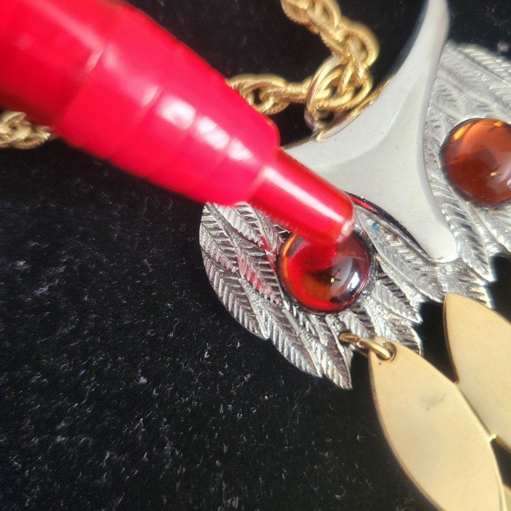 Vintage Articulated Owl Pendant Necklace Gold Silver Tone Amber Eyes Boho large - Picture 4 of 13